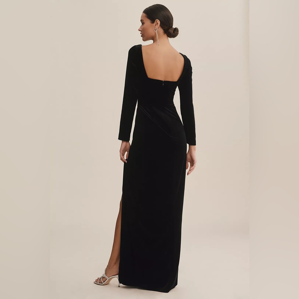 Jenny Yoo Rachel Velvet Gown Square Neck Long Sleeve Side Slit Black Size 14 - Picture 5 of 11